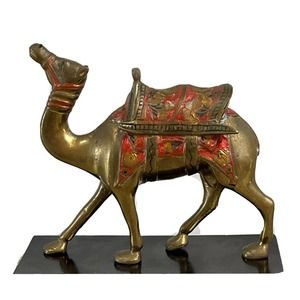 Vintage Brass CAMEL With Saddle & Blanket Standing On Wood Base Painted RARE
